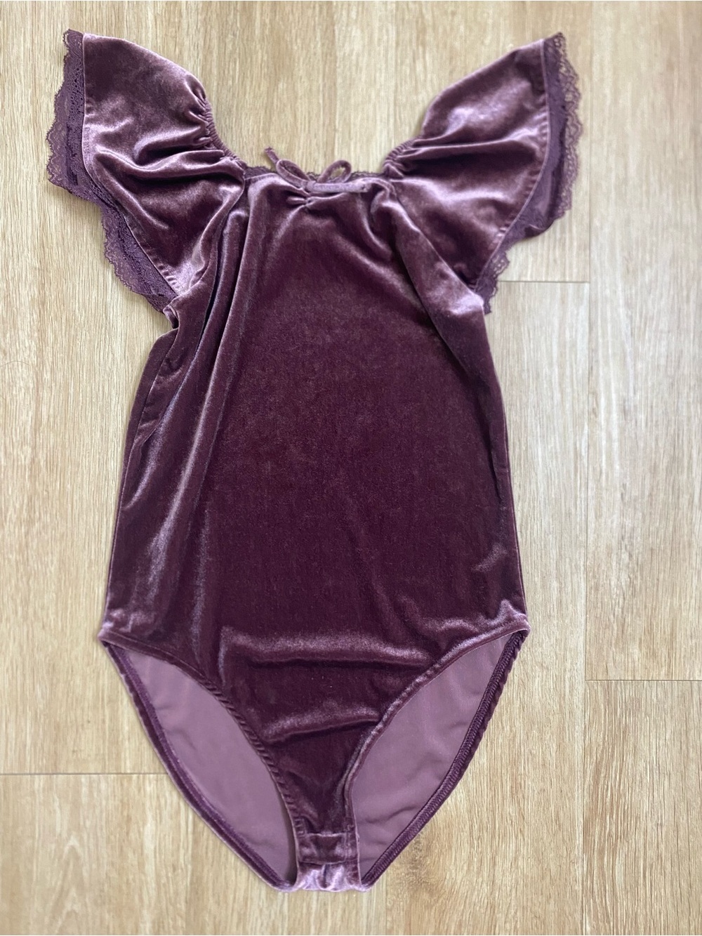 Zara Velvet Flutter-Sleeve One-Piece in Plum